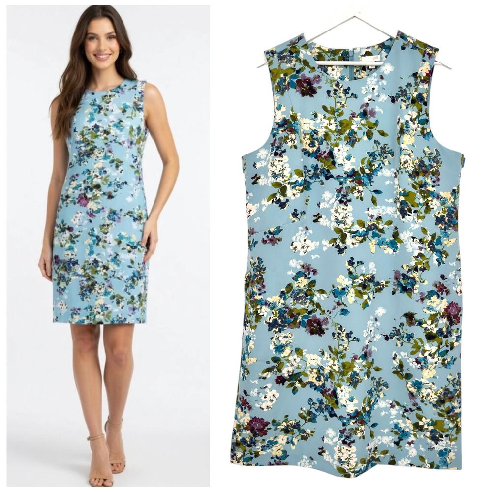 J. Jill Womens Floral Sleeveless Shift Dress Size 18 Enamel Blue Stretch Pockets
